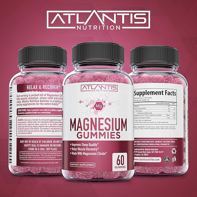 Atlantis Nutrition Magnesium Citrate Gummies – Magnesium Gummies – 90mg Magnesium (from 770mg Magnesium Citrate) | Supports Muscle Recovery, Eases Cramps, Promotes Calmness & Better Sleep | 60 Gummies
