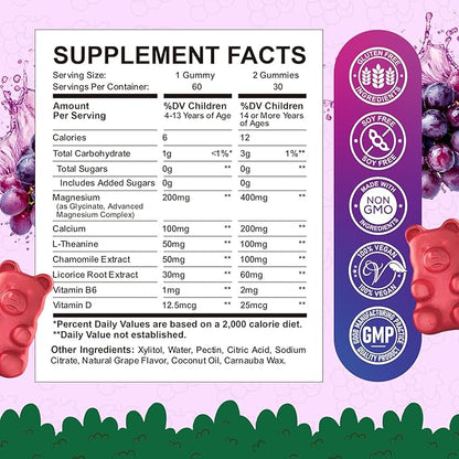 Kids Magnesium Glycinate Gummies - Magnesium Supplement Gummies with L-Theanine, Chamomile, Licorice, Vitamin B6, D for Kids & Adults Sleep, Stress, Muscle Relief & Nerve Bone - Sugar Free Grape 60ct