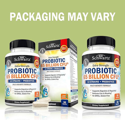 Probiotic 65 Billion - Probiotics with Prebiotic for Women & Men - Lactobacillus Acidophilus Digestive Health Capsules - Targeted Release Technology - Shelf Stable Supplement Non-GMO Dairy Free-30ct