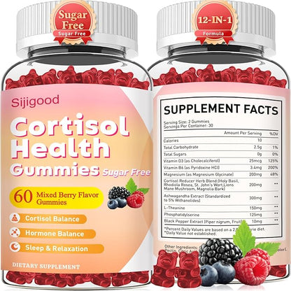 Cortisol Gummies - Cortisol Supplements for Women & Men with Ashwagandha, Magnesium, L-theanine for Cortisol Balance, Support Relaxation, Energy, Zzz, Mixed Berry Flavor, 60Ct