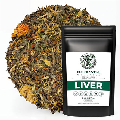 Elephantal Wellness Liver Herbal Tea – Supports Liver Detox, Repair & Resilience | Milk Thistle, Artichoke Leaf, Dandelion Root & Burdock | Caffeine-Free Loose Leaf Herbal Tea – 2oz, 20 Servings