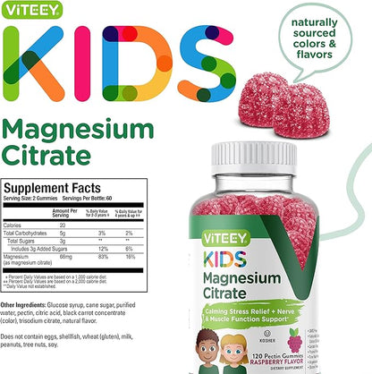 Viteey Kids Magnesium Citrate Gummies - Supports Sleep Aid, Calm Gummies, Muscle Relaxer, Optimal Relaxation - Vegetarian, Gelatin Free, Gluten Free, GMO Free - Tasty Chewable Raspberry Flavored Gummy