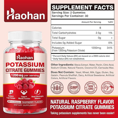 Potassium Citrate Gummies 1200mg - Chewable Supplement to Support Muscle Health & Relieve Leg Cramps for Men & Women. Vegan, Gluten-Free, Sugar-Free, Raspberry Flavor, 60 Count