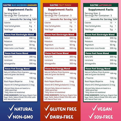 FocusFuel Energy Chews – Trial Size Variety Sample Pack (9 Servings) – 100mg Caffeine + Alpha GPC + L-Theanine + B12, Magnesium – Blue Razzberry Lemonade, Watermelon, Fruit Punch – No Crash or Jitters