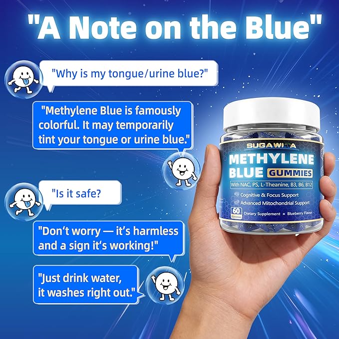 Methylene Blue Gummies 10mg for Humans, 8-in-1 Brain Supplements with NAC, B3, B6, B12, L-Theanine & PS, Brain & Mitochondrial Support, Enhances Energy, Focus and Cognitive, Pure, Vegan, 60 Counts