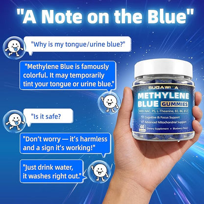 Methylene Blue Gummies 10mg for Humans, 8-in-1 Brain Supplements with NAC, B3, B6, B12, L-Theanine & PS, Brain & Mitochondrial Support, Enhances Energy, Focus and Cognitive, Pure, Vegan, 60 Counts
