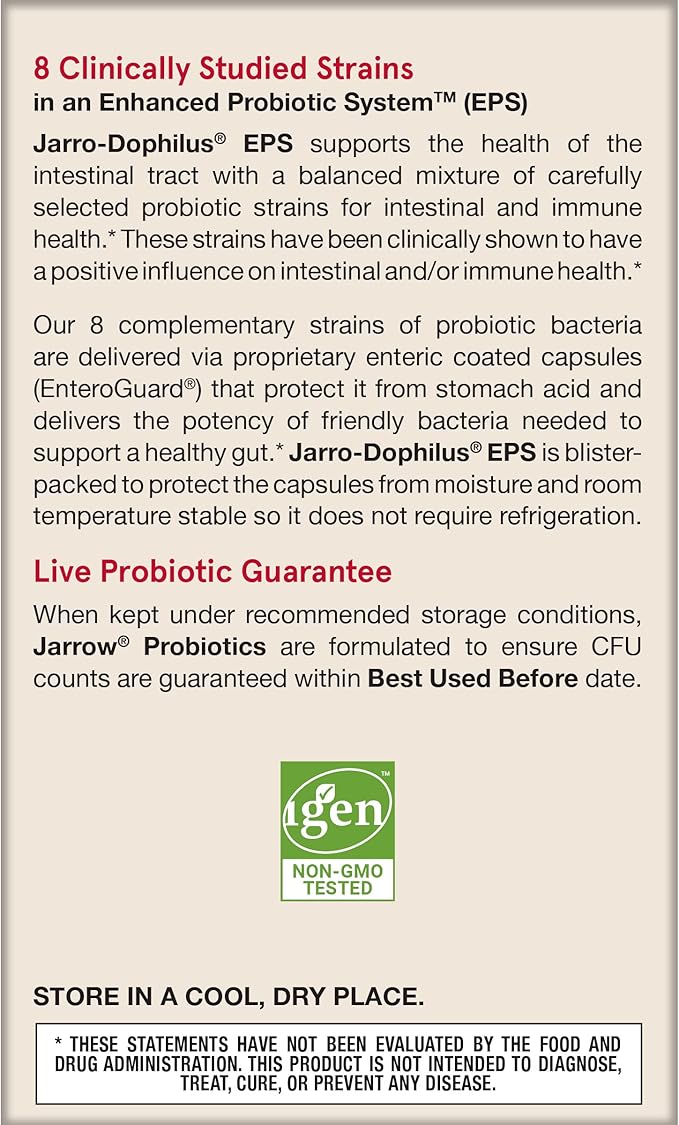 Jarrow Formulas Jarro-Dophilus EPS Probiotics 10 Billion CFU for Intestinal Tract Support, Probiotic Supplement for Gut Health for Women and Men, 120 Veggie Capsules, Up to a 60 Day Supply,Pack of 12