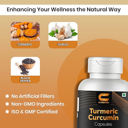 Turmeric Curcumin Capsules with Garlic & Black Pepper – Support Joint & Muscle Health* – 60 Vegan Capsules