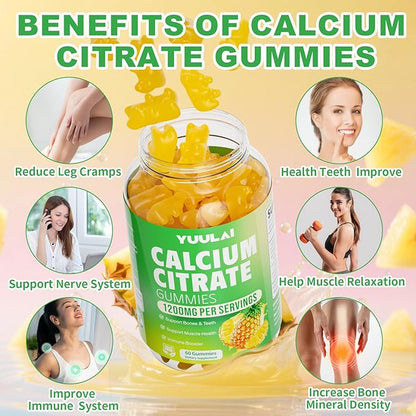 Calcium Citrate Gummies 1200mg, Chewable Calcium Supplements for Women & Men, Sugar Free Calcium Gummies for Bone, Muscle & Immune Support, Pineapple Flavor, 60 Count