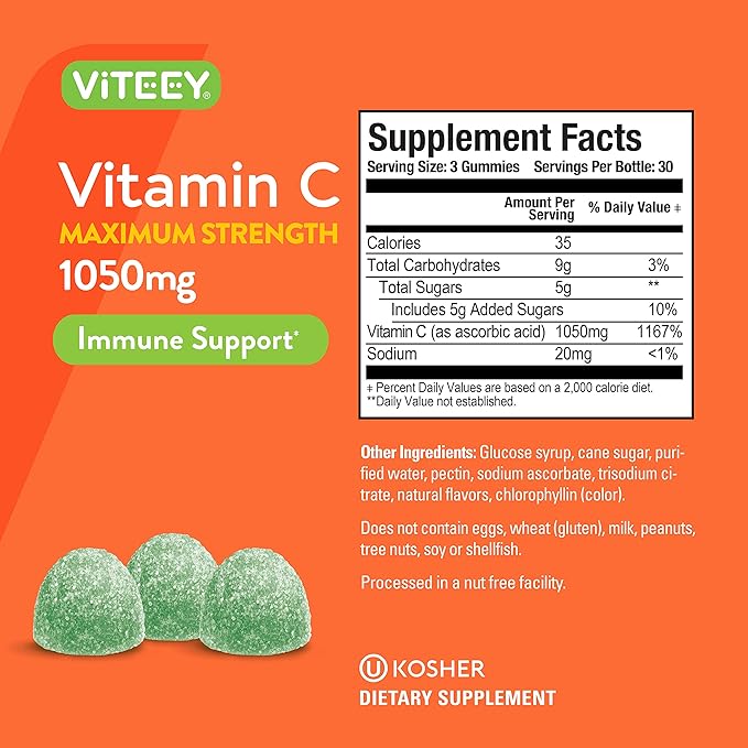 Viteey Chewable Vitamin C Gummies for Adults - 1050mg Maximum Strength Immune Support Supplement - Vegan, Gluten Free - 180 Count