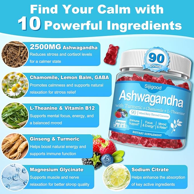 90 Count | Ashwagandha Gummies–Ashwagandha Supplements with L-Theanine & GABA–Support zzZ, M♡♡d, Relaxation, Daily Balance, Mind-Body Wellness for Women & Men