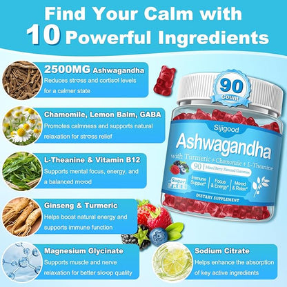 90 Count | Ashwagandha Gummies–Ashwagandha Supplements with L-Theanine & GABA–Support zzZ, M♡♡d, Relaxation, Daily Balance, Mind-Body Wellness for Women & Men
