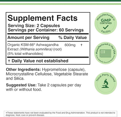 Double Wood Supplements Ashwagandha KSM 66 Organic and Clinically Studied Extract (600mg Per Serving, 120 Capsules, 60 Servings) Adaptogen Cortisol Manager for Women and Men