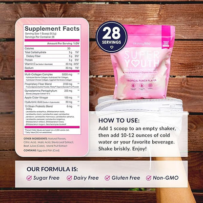 SkinnyFit - Super Youth Collagen for Women - Multi Collagen Peptides Powder - Probiotics, Fiber, Hyaluronic Acid - Non GMO, Gluten Free, Sugar Free - Beauty & Self Care - Tropical Punch (28 Servings)