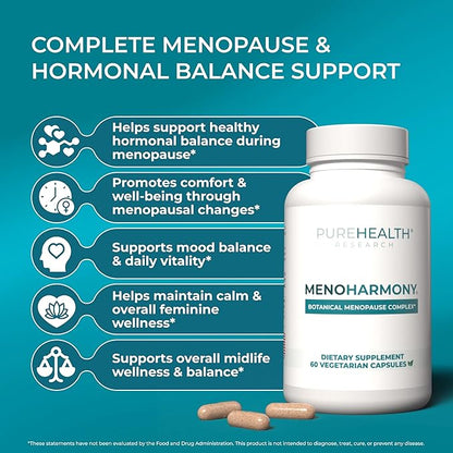 PUREHEALTH Research MenoHarmony - Herbal Menopause Supplement for Women - Female Hormone Balance for Hot Flashes & Night Sweats - with Passion Flower, Red Clover, Hops, Sage & More - 60 Capsules