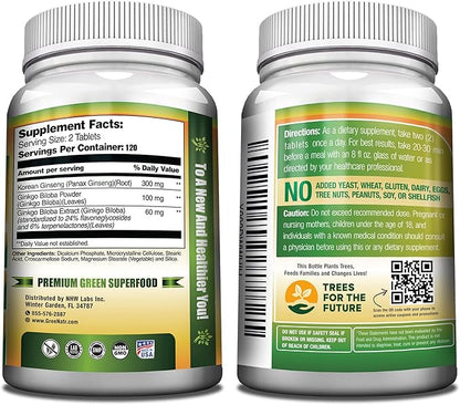 GreeNatr Ginko Biloba & Panax Ginseng Supplement - Red Ginseng Brain Supplement for Memory and Focus - Ginkgo Biloba Supplements for Good Vision, Immune System and Improved Blood Flow - 12 Bottles