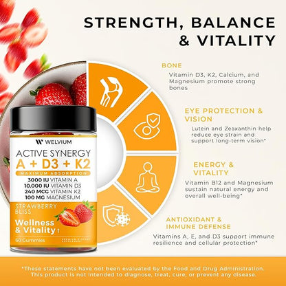 Vitamin D3 K2 Gummies 10000 IU with Magnesium Glycinate, Calcium, B12, K2 MK-7, Vitamins A, E, Lutein, Zeaxanthin - ADK Chewable Supplement for Bone, Eye, Immune Support - D3K2 Gummies