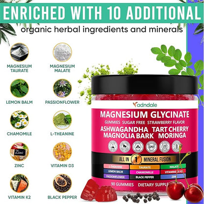 Adndale Magnesium Glycinate 400 mg Gummies with Ashwagandha, Magnesium Malate & Taurate, Tart Cherry, Magnolia Bark, Lemon Balm, Passionflower, Chamomile, L-Theanine, Zinc, Vitamin K2 & D3. 180CT
