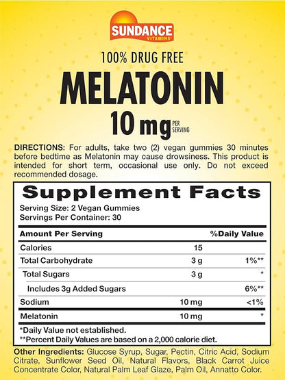 Sundance Melatonin 10mg Gummies for Adults | 60 Count | Mixed Berry Flavor | Vegan, Non-GMO, and Gluten Free Supplement