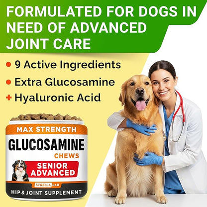 Senior Advanced Glucosamine Joint Supplement for Dogs - Hip & Joint Pain Relief - Small + Large Breeds -Omega-3 Fish Oil - Chondroitin, MSM- Mobility Soft Chews for Older Dogs - Bacon Flavor - 240Ct