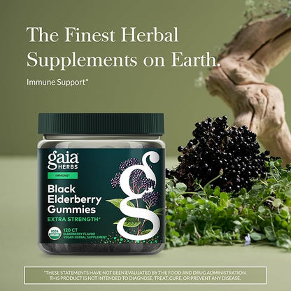 Gaia Herbs Black Elderberry (Sambucus nigra) Extra Strength Gummies - Delicious Immune Support Supplement* - Certified Organic Black Elderberries for Immune System Support* - 120 Gummies (60 Servings)