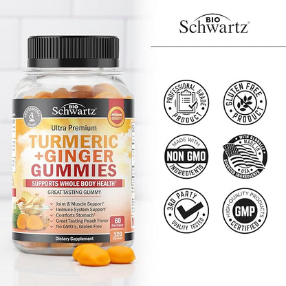 Turmeric Curcumin with Ginger Gummies - Natural Extra Strength Joint Support Supplement, Delicious Peach Flavor Ultra High Absorption Turmeric Supplement Non-GMO, Gluten Free 120 Count