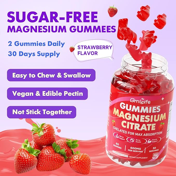 Magnesium Citrate Gummies 600mg for Women Men, High Absorption Magnesium Supplement Gummies for Calm, Relaxation, Muscle Health, Vegan, Strawberry Flavor, 60 Count