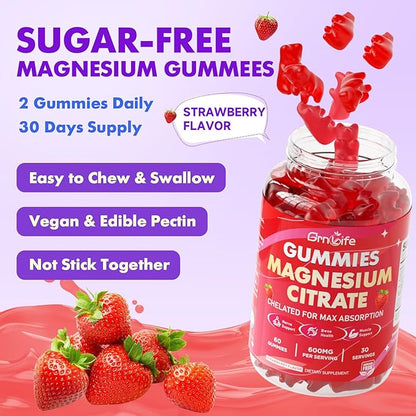 Magnesium Citrate Gummies 600mg for Women Men, High Absorption Magnesium Supplement Gummies for Calm, Relaxation, Muscle Health, Vegan, Strawberry Flavor, 60 Count