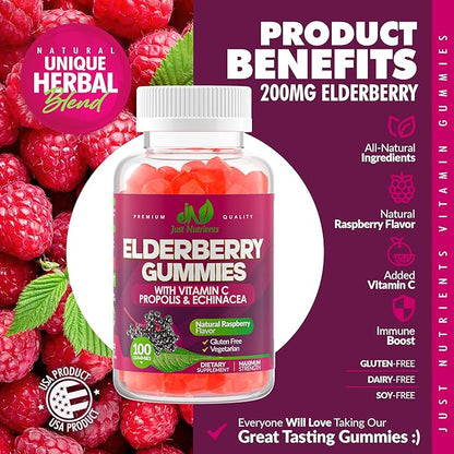 Elderberry 200mg Gummies with Vitamin C, Echinacea, Propolis (100 count) - Immune Support for Adults & Kids - Maximum Strength, Great Tasting Raspberry Flavor - Gluten-Free, Vegan - 100 Gummies