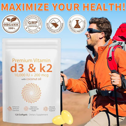 D3 K2 Vitamin 10000 IU - 240 Virgin Coconut Oil Softgels, 2 in 1 Vitamin D & K Complex Supplement Softgel - Immune Support and Calcium Absorption, Bone and Heart Health (240 Count (Pack of 2))