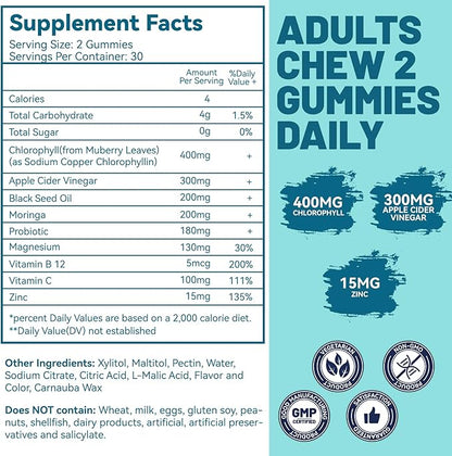 Sugar Free Chlorophyll Gummies, Vitamin B12 Zinc - Natural Deodorant*, Supports Healthy Skin & Body Detox*, Immune & Digestion Support, Chewable Chlorophyll Supplement for Women - 60 Count