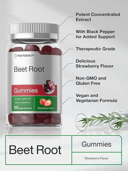 Horbäach Beet Root Gummies | Advanced Formula | 100 Count | Vegan, Non-GMO & Gluten Free | Strawberry Flavor