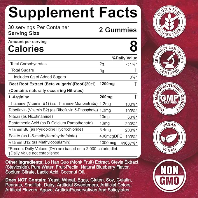 Beet Root Gummies, Beetroot & L-Arginine, Red Beets Supplements w/ Vitamin B1, B2, B3, B5, B6, Folate, B12 for Energy Boost & Circulation Support, Sugar Free Nitric Oxide Gummies, 60 Beet Chews