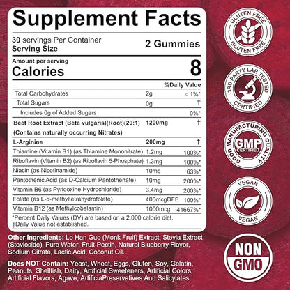 Beet Root Gummies, Beetroot & L-Arginine, Red Beets Supplements w/ Vitamin B1, B2, B3, B5, B6, Folate, B12 for Energy Boost & Circulation Support, Sugar Free Nitric Oxide Gummies, 120 Beet Chews