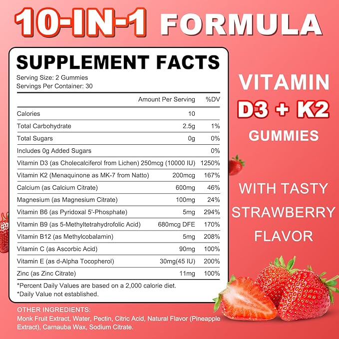 Sugar Free Vitamin D3 K2 Gummies - Vitamin D Gummies with VD3, VK2, 7 Essential Vitamins - Supports Bone, Muscle, Teeth & Immune - Vegan, Non-GMO, Strawberry Flavor, 60 Count