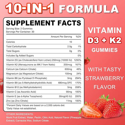 Sugar Free Vitamin D3 K2 Gummies - Vitamin D Gummies with VD3, VK2, 7 Essential Vitamins - Supports Bone, Muscle, Teeth & Immune - Vegan, Non-GMO, Strawberry Flavor, 60 Count