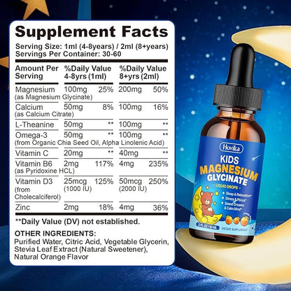 Magnesium Glycinate Liquid for Kids - with L-Theanine Omega-3, Vitamin B6, D3, Zinc - Kids Magnesium Drops for Sleep, Relaxation, Calm & Focus - 2 Fl Oz, Orange Flavor