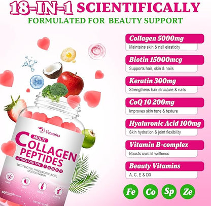 Multi Collagen Peptides Gummies, Collagen Gummies for Women & Men, Type I,II,III,V,X Protein with Biotin, Hyaluronic Acid, Vitamin C for Healthy Skin Support, Strawberry Flavored, Sugar Free, 60Cts