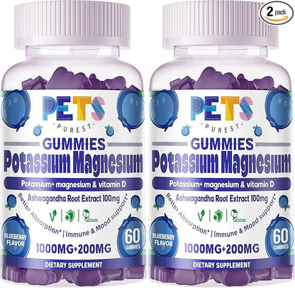 Potassium Magnesium Gummies - High Absorption Magnesium Glycinate & Potassium Citrate Plus Omega 3, B6, D3, K2 & Calcium - Chewable Gummy for Leg Cramps, Immunity & Energy Blueberry 120 Gummies
