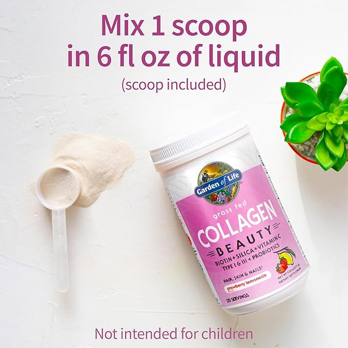 Garden of Life Grass Fed Collagen Beauty - Strawberry Lemonade, 20 Servings, Powder for Women Men Hair Skin Nails, Hydrolyzed Collagen Peptides Protein Powder Supplement