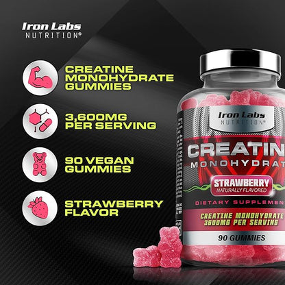 Iron Labs Nutrition Creatine Monohydrate Gummies (180 Gummy Bears) - 3600mg Per Serving - LAB Tested - Strawberry Flavor - High Strength Creatina for Men & Women (180 Vegan Gummys)