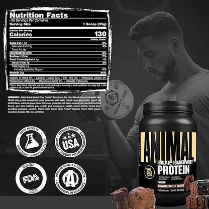 Animal Whey Isolate Protein Powder - Loaded for Pre & Post Workout Muscle Builder and Recovery with Digestive Enzymes for Men & Women - 25g Protein, Great Taste, Low Sugar - Brownie Batter 2 lbs