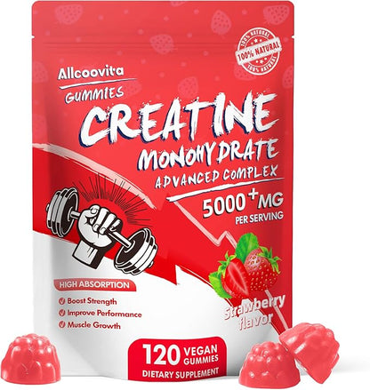 NSF Certified Creatine Gummy - Creatine Monohydrate Gummies 5000mg for Men & Women -120 Gummies Advanced Formula, Muscle Strength, Muscle Builder, Energy Boost, Pre-Workout Supplement-Strawberry