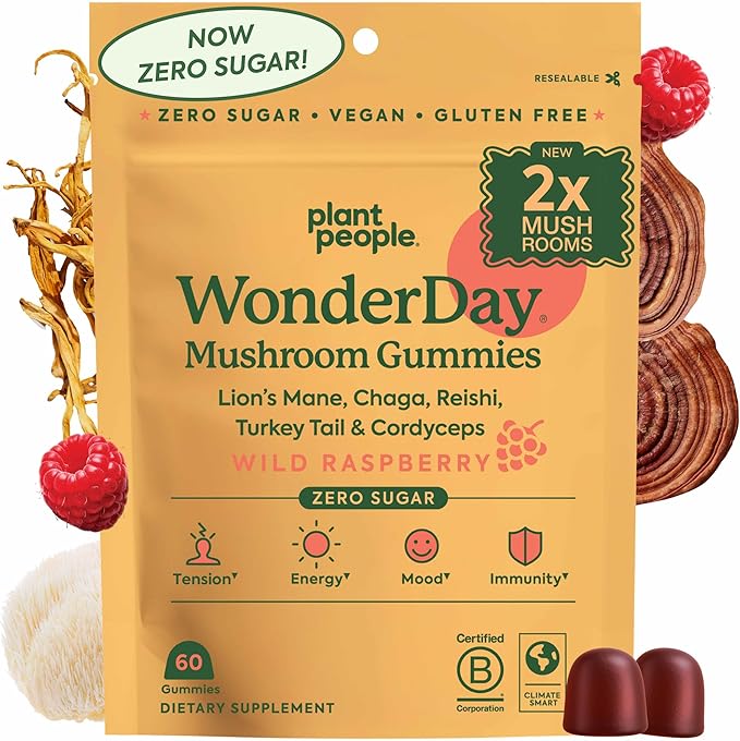 WonderDay Extra Strength Mushroom Gummies – Sugar Free Lion’s Mane, Cordyceps, Reishi & Chaga Supplement for Adults – Mood Boost, Energy, Focus, Immune Support & Gut Health – Vegan, Non-GMO (60 Count)