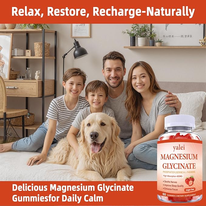 Magnesium Glycinate Gummies 400mg with L-Theanine,Phosphatidylserine–Sleep, Stress & Muscle Relief, for Adults & Kids, Non-GMO, Vegan, Sugar Free,60 Gummie Strawberry Flavor
