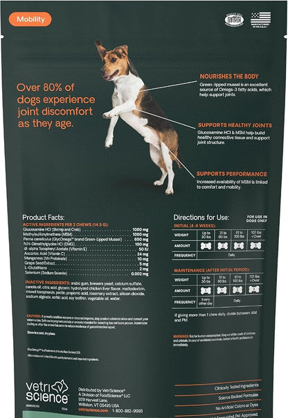 VetriScience Extra Strength Healthy Hip & Joint Chews, GlycoFlex Glucosamine and Green-Lipped Mussel Joint Support Supplement for Dogs, Promote Mobility & Soothe Joint Discomfort, Chicken, 60 Count