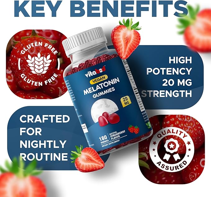 Vitabod Melatonin 20mg Gummies - 180 Count - Drug Free - Natural Strawberry Flavor - Vegetarian, Non-GMO, Gluten Free (2 Bottles)
