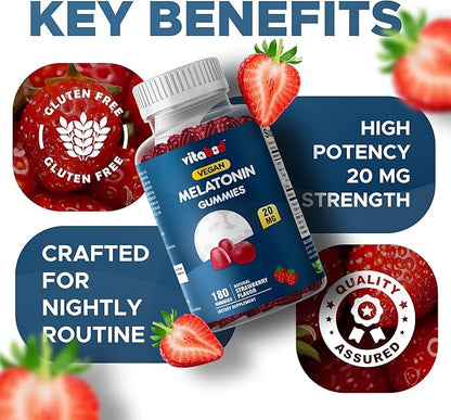 Vitabod Melatonin 20mg Gummies - 180 Count - Drug Free - Natural Strawberry Flavor - Vegetarian, Non-GMO, Gluten Free (2 Bottles)