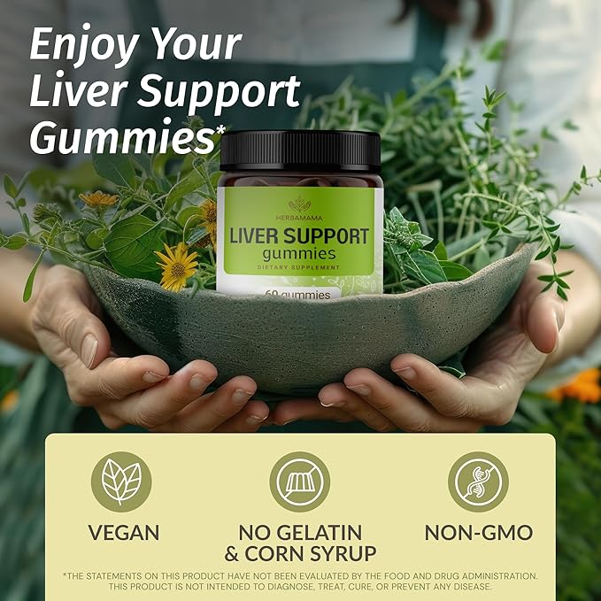 HERBAMAMA Liver Support Gummies - Herbal Complex for Liver Detox and Cleanse - Vegan, Non-GMO Overall Support Supplement - 60 Pectin-Based Apple-Flavored Chews