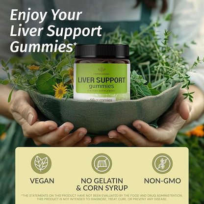 HERBAMAMA Liver Support Gummies - Herbal Complex for Liver Detox and Cleanse - Vegan, Non-GMO Overall Support Supplement - 60 Pectin-Based Apple-Flavored Chews
